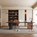 Modern Middle-ancient Style Study Bookcase Desk Chair Book Decoration Computer Table Lamp Potted Plant 3d model