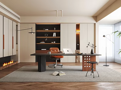 Modern Middle-ancient Style Study Bookcase Desk Chair Book Decoration Computer Table Lamp Potted Plant 3d model