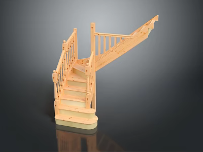Light Brown Wooden Staircase With Classic Handrail Balusters And Solid Steps Design 3d model