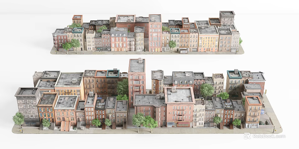 Detailed Miniature Urban Building Model With Colorful Facades And Street Trees 3d model 
