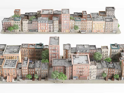 Detailed Miniature Urban Building Model With Colorful Facades And Street Trees 3d model