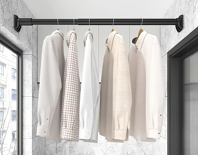 Black Wall Mounted Clothes Hanger With Various Style Shirts In Indoor Setting 3d model