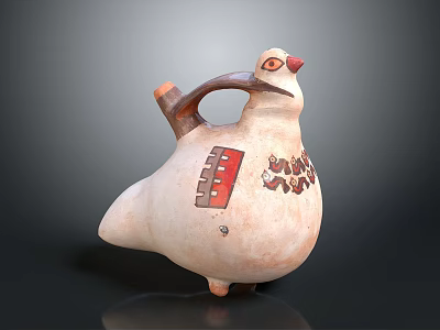 Ceramic Bird Shaped Doll With Hand Painted Red Brown Patterns Curved Handle And Small Feet 3d model