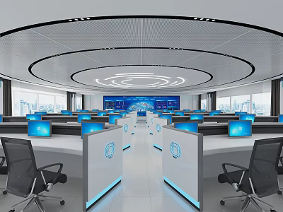 Modern Monitoring Room With Circular Layout Ceiling Lighting And Blue Screen Computers 3d model