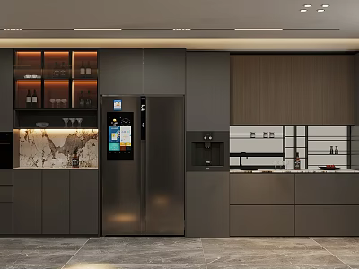 Modern Kitchen Sideboard With Dark Wood Cabinets Glass Shelves And Marble Countertop 3d model