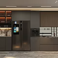 Modern Kitchen Sideboard With Dark Wood Cabinets Glass Shelves And Marble Countertop