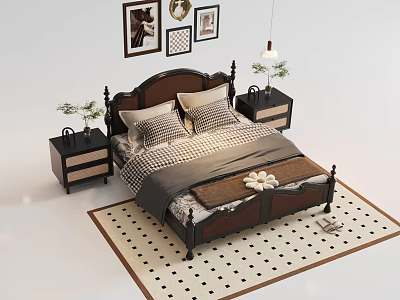 Classic Double Bed with Dark Brown Headboard Nightstands Plants Hanging Lamp and Polka Dot Rug 3d model