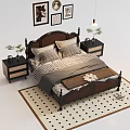 Classic Double Bed with Dark Brown Headboard Nightstands Plants Hanging Lamp and Polka Dot Rug