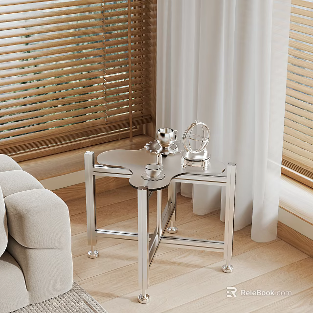 Contemporary Silver Metal Side Table with Glass Top by Beige Sofa Wooden Floor and Blinds 3d model 