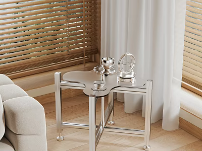 Contemporary Silver Metal Side Table with Glass Top by Beige Sofa Wooden Floor and Blinds 3d model
