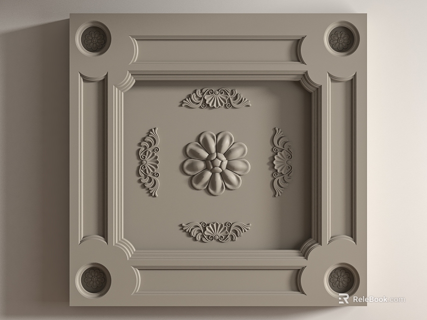 Square Ceiling Design with Elegant Central Floral Motif Symmetrical Carved Patterns and Circular Corner Decorations 3d model 