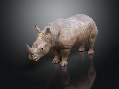 Brown Rhinoceros Standing On Smooth Surface With Reflection In Dark Background 3d model