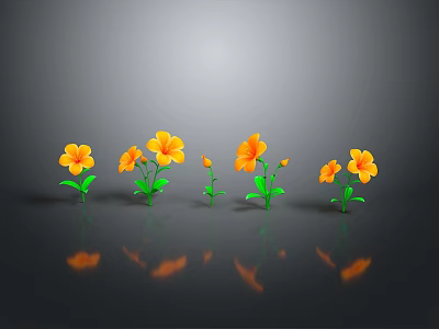Orange Flowers With Green Stems And Leaves On Grey Background With Reflections 3d model