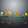 Orange Flowers With Green Stems And Leaves On Grey Background With Reflections