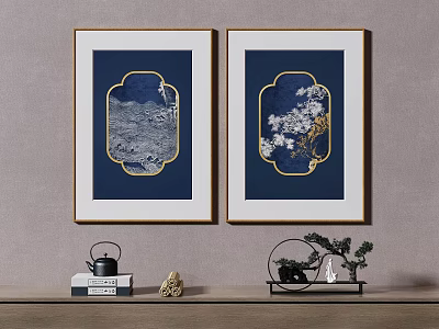Two Framed Blue Background Artworks With Gold Border On Wall And Wooden Shelf Decorations 3d model