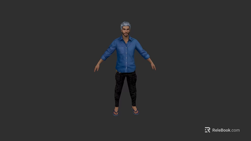 Game and Movie Character With Silver Hair Blue Shirt Black Pants and Slippers 3d model 