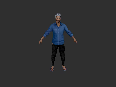 Game and Movie Character With Silver Hair Blue Shirt Black Pants and Slippers 3d model
