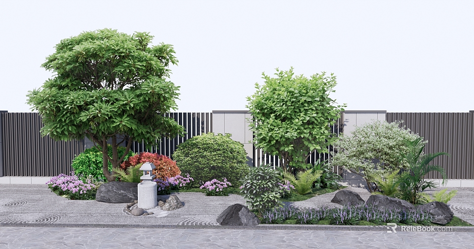 Lush Garden Bush with Green Trees Rocks Stone Lantern and Purple Flowers 3d model 