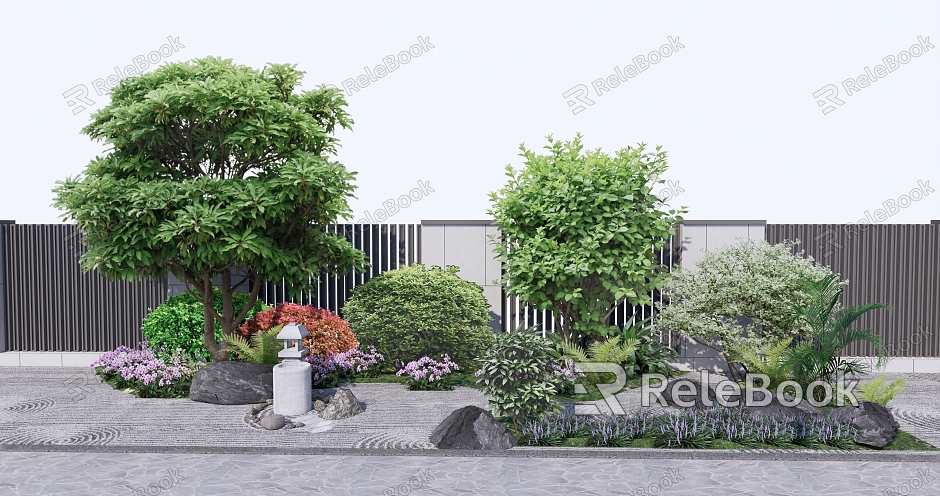 Modern shrubs, trees and shrubs, combinations, flower border, flowers and plants model