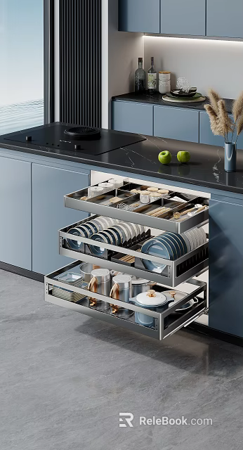 Modern Kitchen Cabinets With Open Drawers Holding Plates Cups And Utensils 3d model 