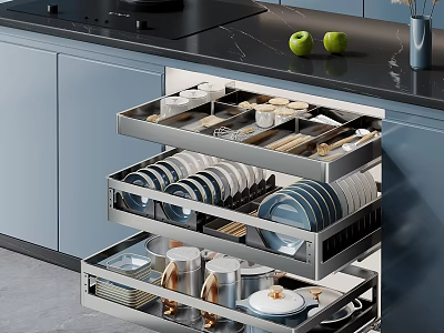 Modern Kitchen Cabinets With Open Drawers Holding Plates Cups And Utensils 3d model