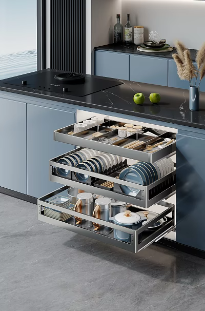 Modern Kitchen Cabinets With Open Drawers Holding Plates Cups And Utensils 3d model