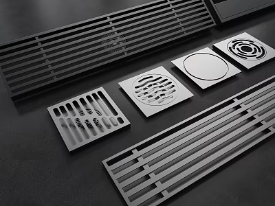 Modern Metal Drain Grates Featuring Striped Circular And Square Pattern Designs 3d model
