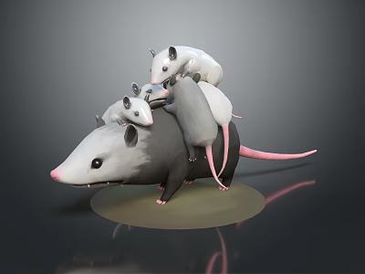 Detailed Stacked Opossums 3D Model on Reflective Base with Gray Background 3d model