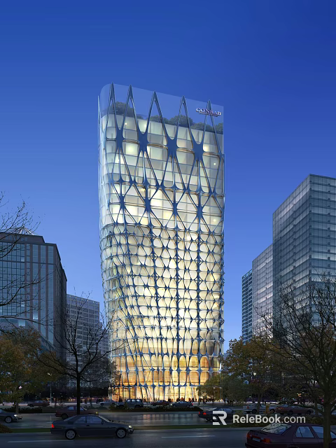 Tall Modern Skyscraper With Illuminated Geometric Glass Facade In Urban Cityscape 3d model 