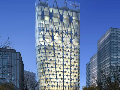 Tall Modern Skyscraper With Illuminated Geometric Glass Facade In Urban Cityscape 3d model