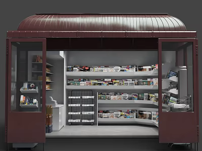 Maroon Roof Retail Grocery Kiosk With Glass Doors And Shelves Full Of Products 3d model