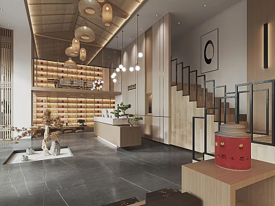 Modern Boutique Store Interior Design With Wooden Shelves Staircase And Hanging Lamps 3d model