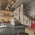 Modern Boutique Store Interior Design With Wooden Shelves Staircase And Hanging Lamps