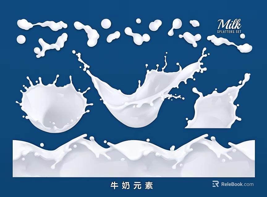White Milk Splashes And Wave Shapes Wall Decor With Blue Background Design Elements 3d model 