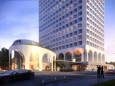 Modern High Rise Residential Building With Arch Entrance Night Lighting Pedestrians And Vehicles 3d model