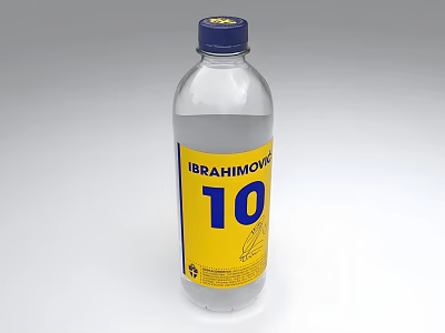 Transparent Ceramic Bottle With Yellow Label IBRAHIMOV 10 And Blue Cap Design 3d model