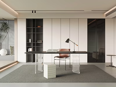 Modern Study Room Interior With Black Desk Brown Chair Bookshelf White Cabinets And Gray Rug 3d model