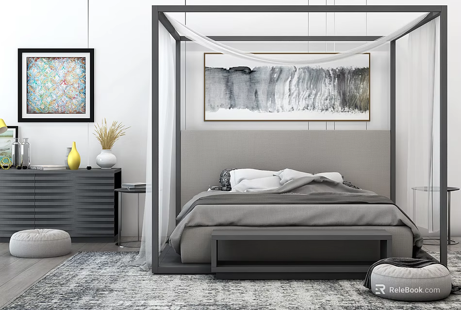 Modern Double Bed with Gray Headboard White Pillows Gray Bedding Above Painting Nightstand Vase Rug 3d model 