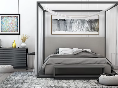Modern Double Bed with Gray Headboard White Pillows Gray Bedding Above Painting Nightstand Vase Rug 3d model