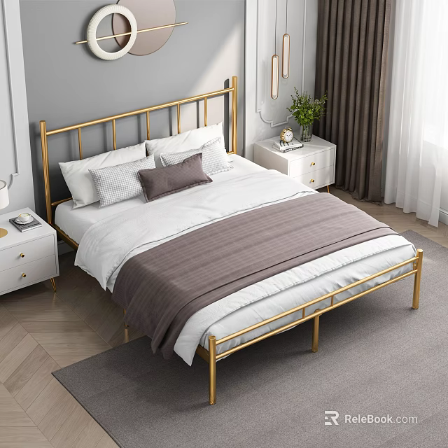 Double Bed with Golden Metal Frame White Sheets Brown Blanket and Pillows in Modern Bedroom 3d model 