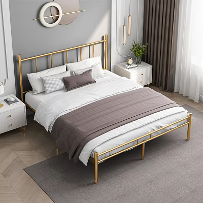 Double Bed with Golden Metal Frame White Sheets Brown Blanket and Pillows in Modern Bedroom 3d model