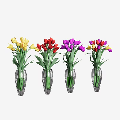 Colorful Tulips Arrangement In Four Transparent Glass Vases For Home Decor 3d model