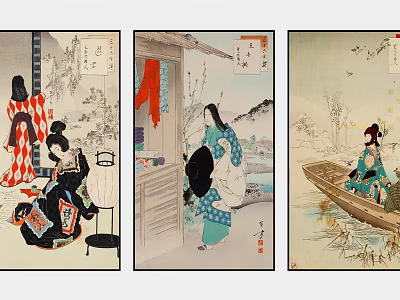Traditional Japanese Ukiyo e Figure Paintings With Women In Kimono And Scenic Settings 3d model