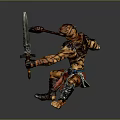 Tiger Headed Warrior Character With Striped Armor Wielding Axe And Sword 3d model