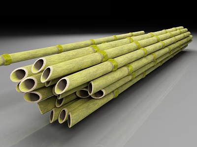 Green Bamboo Poles With Yellow Stripes Neatly Arranged On Gray Smooth Surface 3d model