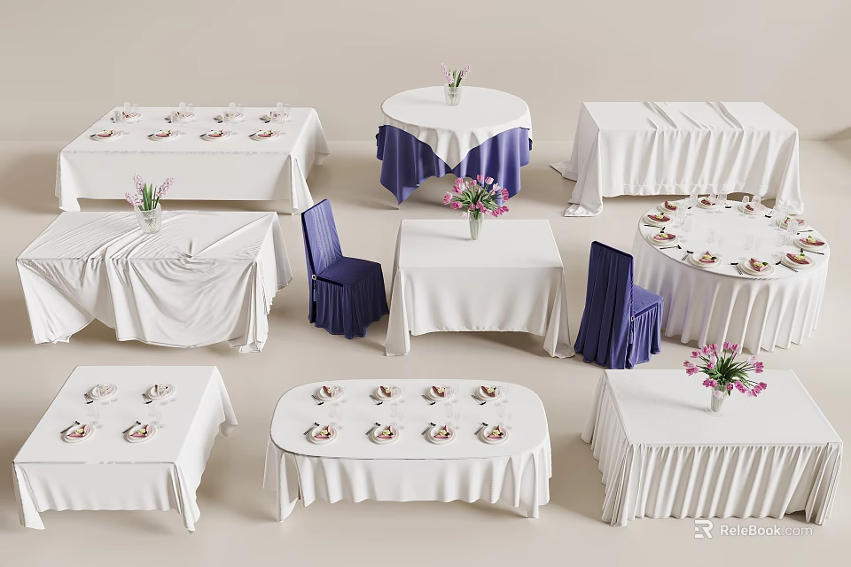 Elegant Event Table Setup With Various Shapes White Purple Tablecloths Chairs Flowers And Cutlery 3d model 