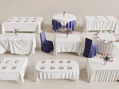 Elegant Event Table Setup With Various Shapes White Purple Tablecloths Chairs Flowers And Cutlery 3d model