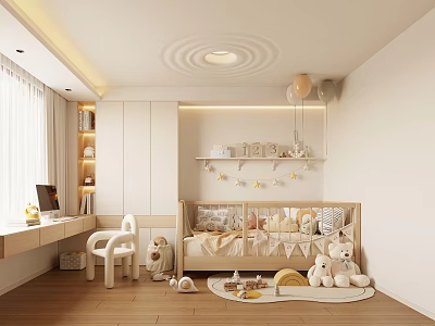 Cozy Minimalist Nursery Room Interior With Crib Plush Toys Desk And Bookshelf 3d model