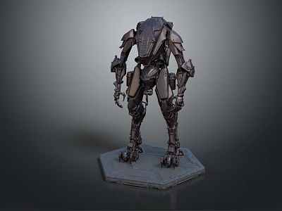 Game Movie Sci Fi Mechanical Robot Character with Metallic Armor Standing on Hexagonal Base 3d model