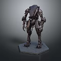 Game Movie Sci Fi Mechanical Robot Character with Metallic Armor Standing on Hexagonal Base